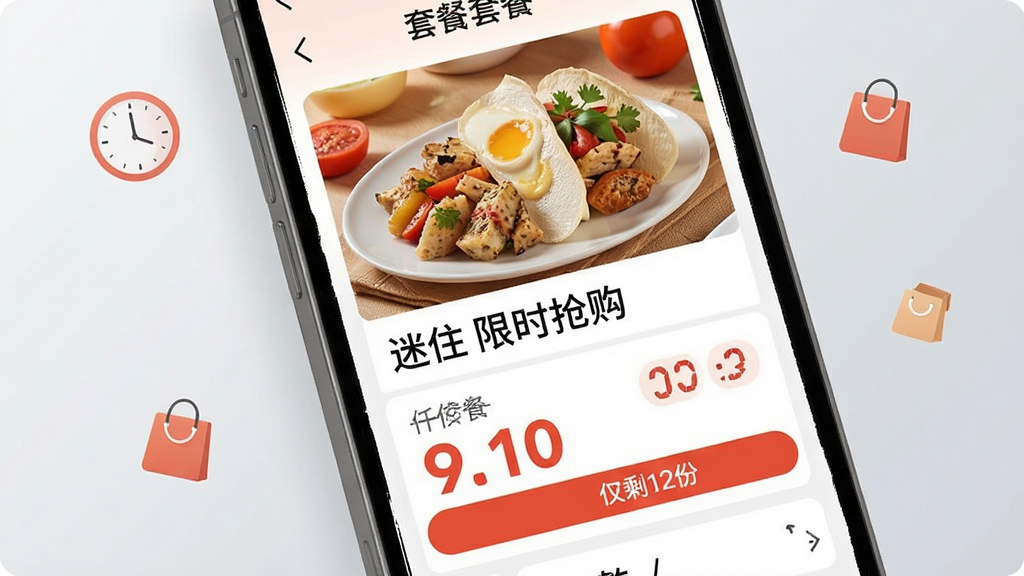 画面为一部手机特写,屏幕中展示团购套餐详情页,顶部为套餐实拍图,中部为价格区域,包含划线原价与醒目的折扣价,旁边有倒计时数字与“仅剩12份”的库存提示条;手机背后为浅灰色渐变背景,点缀时钟与购物袋小图标;风格为现代简约的UI展示插画,配色以红橙对比为主,细节清晰,画质干净,屏幕内文字为“迷住 限时抢购”。