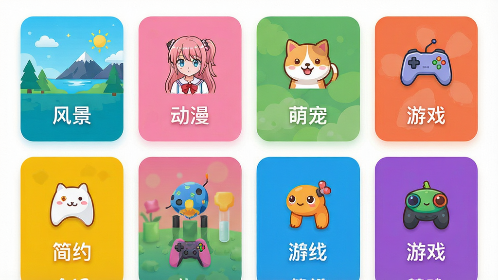 壁纸大全软件分类页面展示图,画面中呈现多个彩色分类卡片整齐排列,卡片上分别写有风景、动漫、萌宠、简约、游戏等分类名称并配有对应小图标,布局清晰,风格活泼明快,细节丰富,画质高清,干净无多余元素
