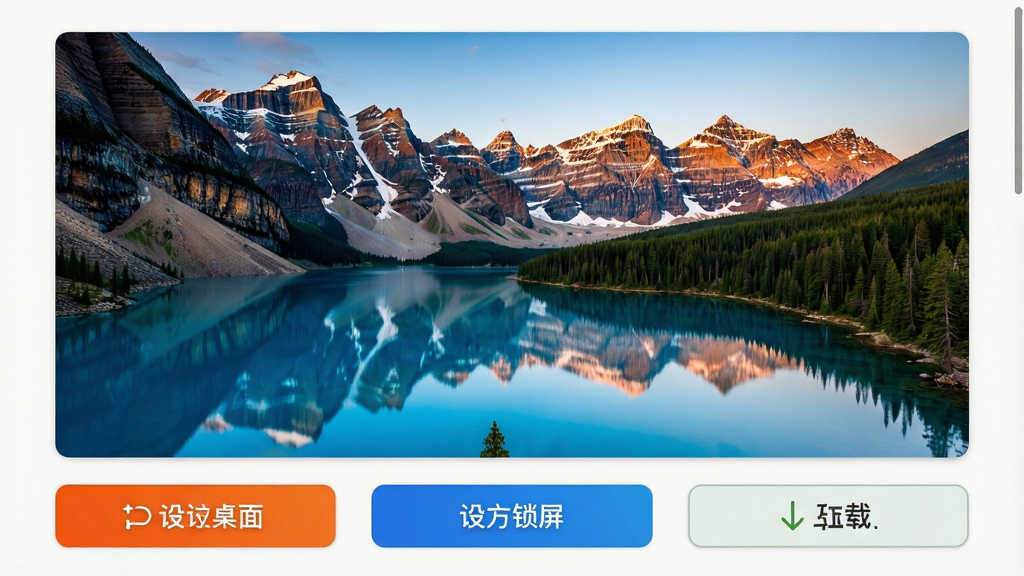 壁纸大全软件壁纸预览页面,画面中央为一张高清风景壁纸大图预览,底部有设为桌面、设为锁屏、下载三个醒目按钮,界面简洁,风格现代,细节清晰,画质高清,干净无多余元素