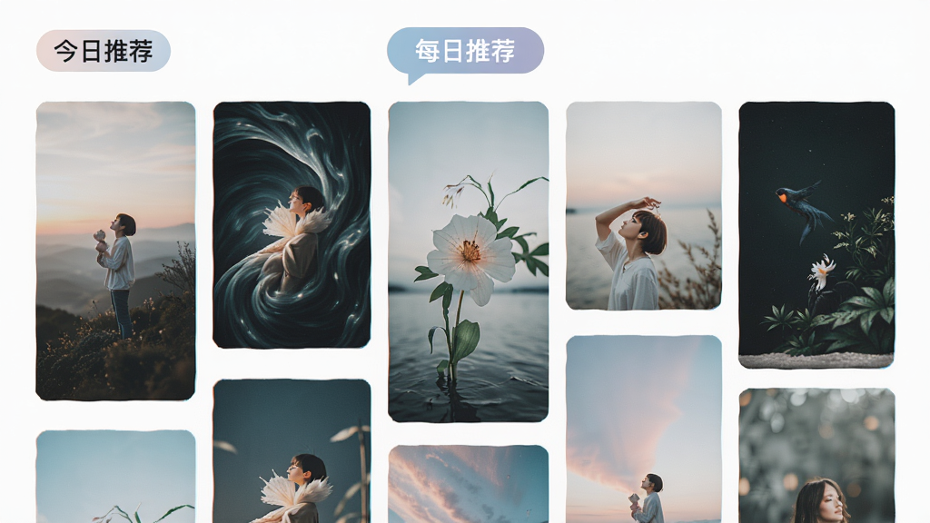 壁纸大全软件每日推荐页面,画面展示多张最新上架壁纸以瀑布流形式排列,顶部有今日推荐标签,界面配色柔和,布局错落有致,风格清新,细节精致,画质高清,干净无多余元素