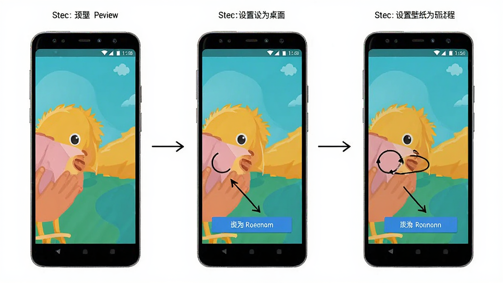 壁纸大全软件在安卓手机上的设置壁纸操作流程图,画面展示手机屏幕从预览壁纸到点击设为桌面按钮再到桌面生效的三步连贯界面,布局清晰直观,风格简洁,细节明确,画质高清,干净无多余元素
