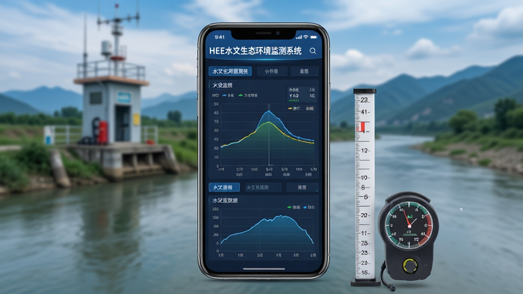 主体为一部智能手机屏幕显示水文监测数据仪表盘,布局为手机居中放置于画面中央,背景为河流与水文监测站实景虚化,排版采用上下分层结构上方为天空与远山下方为河道水面,风格为写实科技风,细节包括屏幕上显示水位曲线图表与“HEE水文生态环境监测系统”字样、手机旁放置水文标尺与流速仪,画质清晰干净无多余元素
