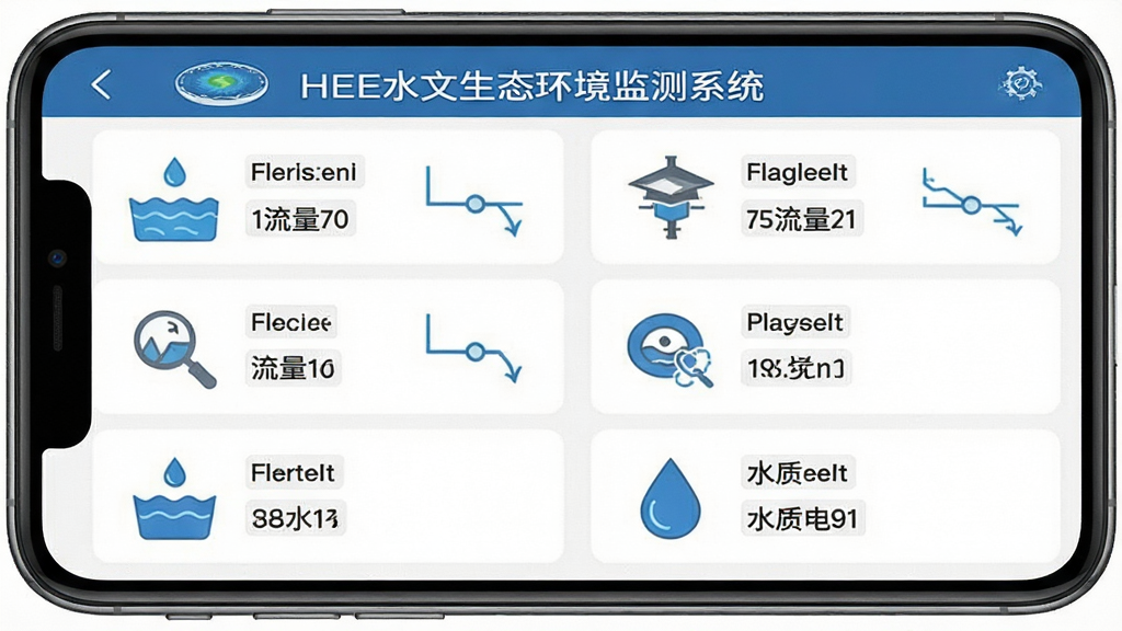 主体为手机界面展示多类水文数据卡片式排列,布局为三行两列的数据卡片网格,排版整齐有序,风格为扁平化信息图表风,细节包括每张卡片带有水位、流量、雨量、水质等图标与数值、顶部显示“HEE水文生态环境监测系统”标题栏,画质清晰干净无多余元素