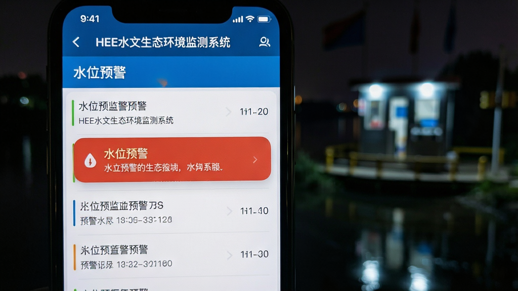 主体为手机弹出预警通知横幅与后台预警列表界面,布局为手机屏幕特写占画面三分之二、背景为夜间河道监测站灯光,排版采用前景手机后景虚化,风格为写实夜间科技风,细节包括通知横幅上写有“水位预警”字样、列表显示多条预警记录与时间戳、屏幕上方显示“HEE水文生态环境监测系统”,画质清晰干净无多余元素