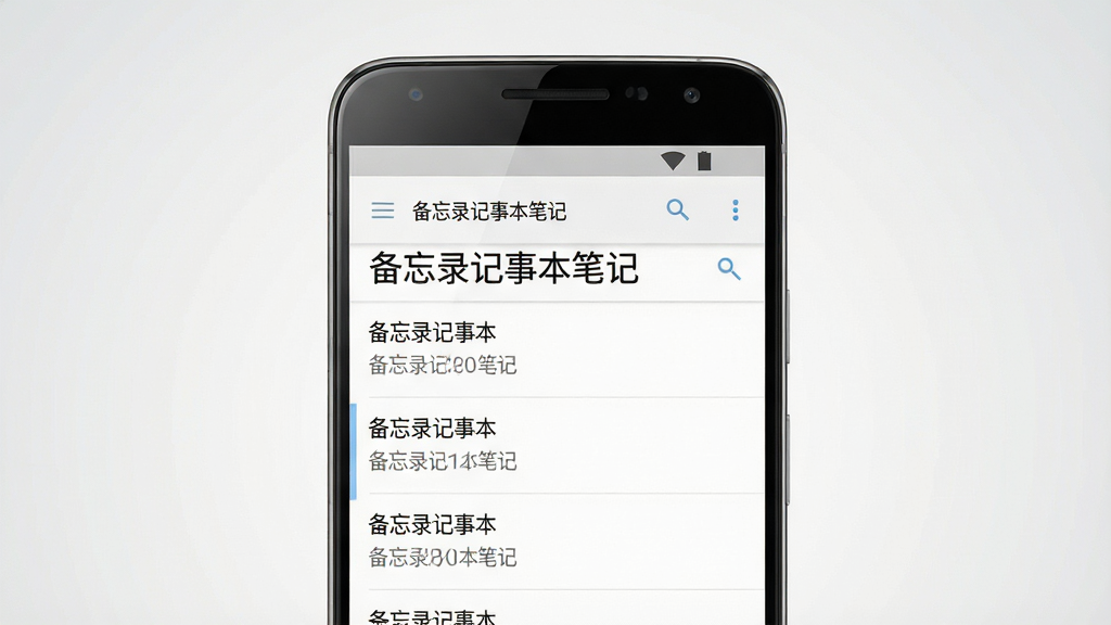 主体为一部安卓手机居中放置,手机屏幕显示简洁的备忘录记事本笔记应用界面,布局为上方标题栏下方列表式笔记条目,排版疏密有致,风格为清爽扁平化数码产品展示风,细节包括手机边缘高光、界面中