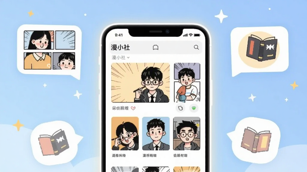 主体为一部智能手机居中放置,屏幕内展示漫画书架界面,布局上手机占据画面中央三分之二区域,周围环绕漂浮的漫画分格气泡与书本图标,排版采用上下分层结构,风格为清新扁平化插画,细节上手机边框带有柔和光晕,背景为浅蓝渐变并点缀星点装饰,画面中可出现