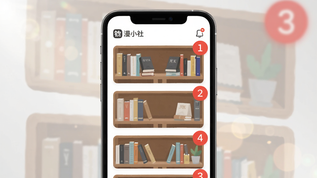 主体为书架界面与通知角标,布局上手机居中,屏幕内书架卡片右上角带有红色数字角标,排版为纵向列表式,风格为清爽现代扁平风,细节上角标为圆形红底白字,背景有轻微光斑,画面中可出现
