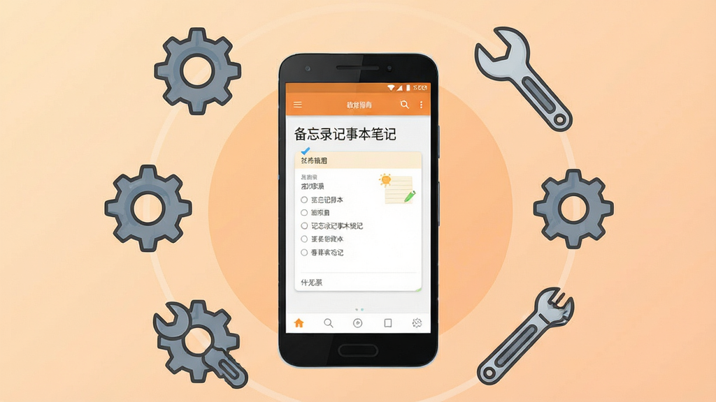 主体为安卓手机与齿轮扳手工具图标组合,布局为手机居中、工具图标环绕四周呈环形排列,排版对称稳定,风格为教程指南类扁平插画,细节包括手机屏幕显示