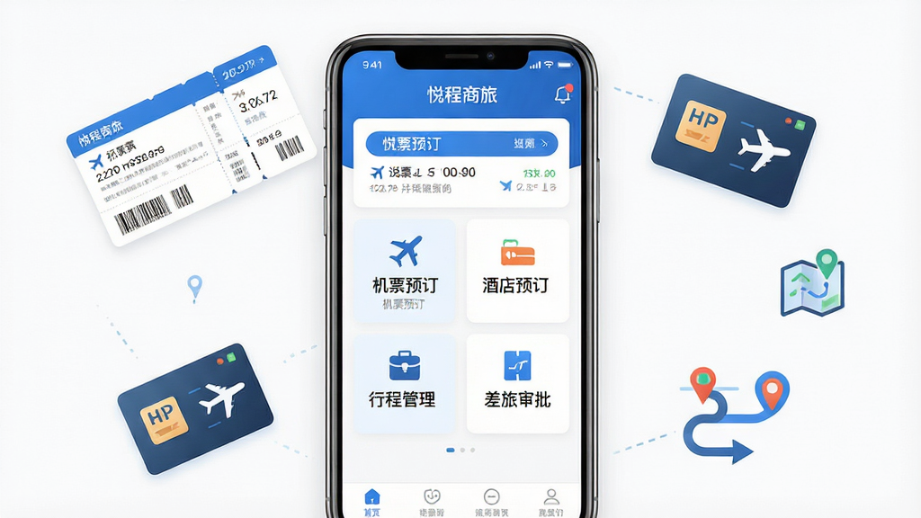 一张展示悦程商旅手机应用主界面的产品展示图,画面中央是一部竖屏智能手机,屏幕内呈现悦程商旅APP首页,包含机票预订、酒店预订、行程管理、差旅审批四个功能入口模块,界面以蓝白配色为主,干净清爽,手机周围环绕机票卡片、酒店房卡、行程路线图标等商务出行元素,整体布局居中对称,风格现代简约商务,细节精致,画质清晰,背景纯色干净,无多余装饰元素