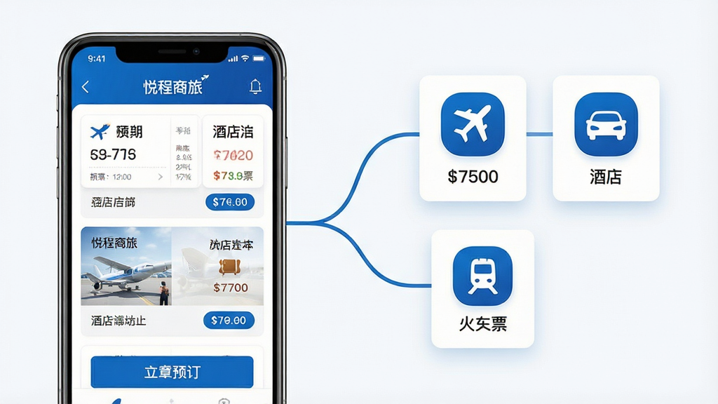 一张表现悦程商旅一站式预订功能的场景图,画面左侧为手机屏幕展示机票与酒店列表对比界面,右侧以悬浮卡片形式呈现机票、酒店、火车票三个图标并列排布,中间用流畅的连线将卡片与手机屏幕连接,布局清晰有层次,风格简洁商务,色调以蓝色和白色为主,细节上突出预订按钮与价格标签,画质高清,背景干净无杂乱元素