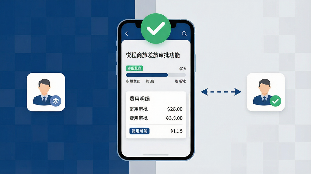 一张展示悦程商旅差旅审批功能的示意图,画面中央为手机屏幕显示审批流程进度条与费用明细卡片,屏幕上方漂浮一个对勾确认图标,左侧为员工提交申请的小图标,右侧为审批人确认的小图标,两者通过虚线箭头指向手机屏幕,整体布局横向展开,风格扁平化商务,配色以深蓝和浅灰为主,细节突出审批状态标签与金额数字,画质干净清晰,无多余元素