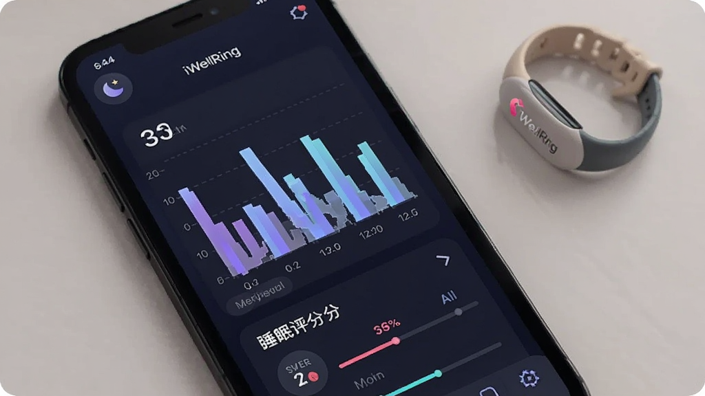 深色背景手机界面展示睡眠阶段柱状图与睡眠评分,智能戒指置于画面一角,风格柔和安静,细节包含月亮图标与时间轴,画质清晰,图片中文字标注