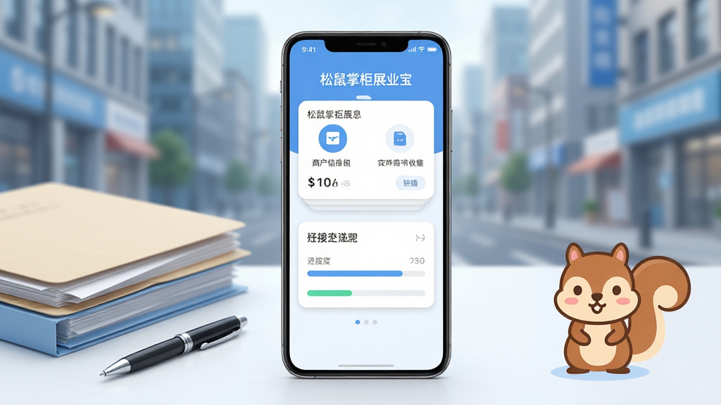 画面中央放置一部竖屏安卓手机,手机屏幕上显示“松鼠掌柜展业宝”应用主界面,界面包含商户信息卡片与进度条模块;手机左侧摆放一叠整理好的资料文件夹与一支签字笔,右侧点缀一个简约的松鼠卡通形象作为品牌标识;整体采用浅蓝与白色为主的清爽商务风格,背景为虚化的城市街景;细节上强调界面图标的圆角处理与卡片的层次阴影,画质清晰干净,无多余装饰元素