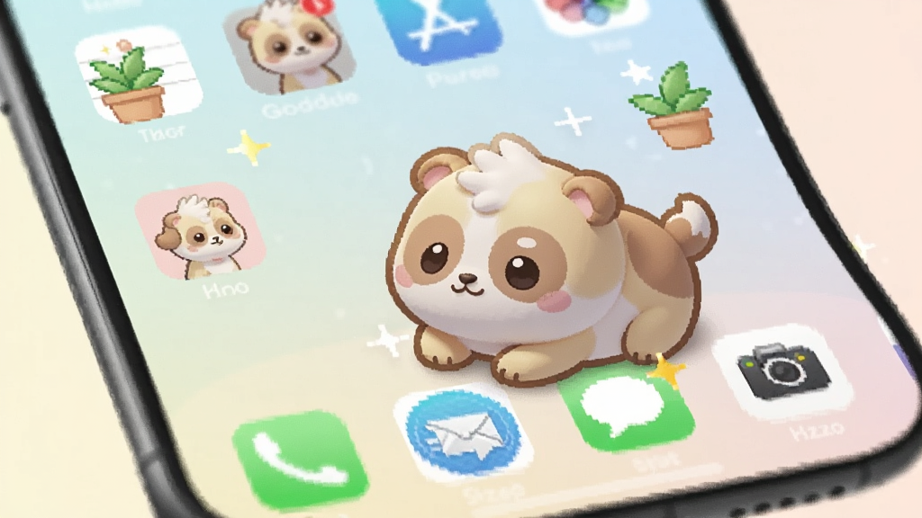 一张手机桌面截图,画面中央是一只可爱的卡通小宠物趴在应用图标旁边,桌面背景为清新浅色渐变,宠物造型圆润呆萌,周围有少量绿植和星星点缀,整体风格简洁温馨,画质清晰干净,无多余元素