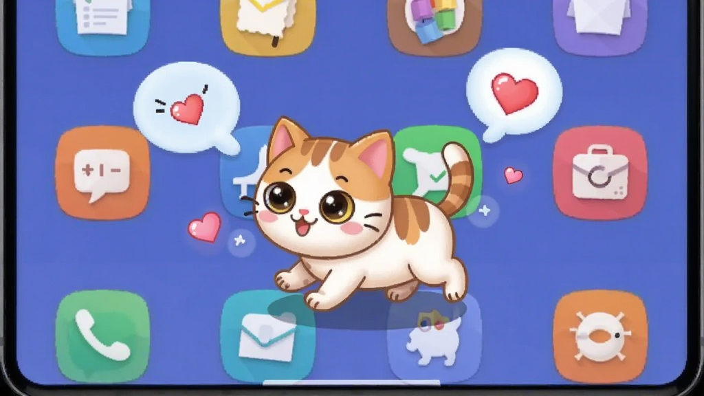 手机桌面宠物软件界面展示,一只卡通小猫在手机桌面图标之间行走,画面带有互动气泡和爱心特效,风格活泼可爱,布局简洁,画质清晰,干净无多余元素