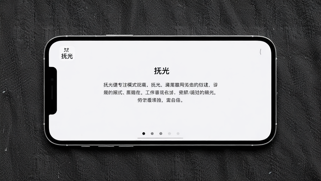 画面主体为「抚光」应用的专注模式界面示意,手机横屏放置在深灰色布面背景上,屏幕中仅显示居中排版的文字段落与极简的翻页指示点,布局为手机横向居中、背景大面积留白,排版强调界面的空旷与安静感,风格为极简产品展示图,细节包括屏幕文字的清晰呈现、布面背景的细腻纹理、手机边框的金属质感,画质干净明亮、构图简洁、无多余元素