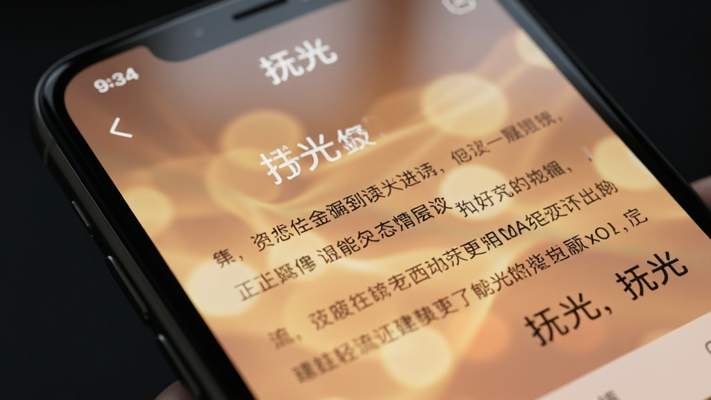 画面主体为「抚光」应用阅读界面的特写展示,屏幕中文字区域清晰可见、背景带有缓慢流动的暖色光斑效果,布局为手机屏幕占据画面主要区域、四周以虚化的深色环境衬托突出屏幕内容,排版突出界面层次感,风格为数码产品特写摄影,细节包括光斑的柔和渐变、文字边缘的清晰锐利、屏幕玻璃的微弱反光,画质细腻高清、色彩温暖、画面干净无杂乱元素