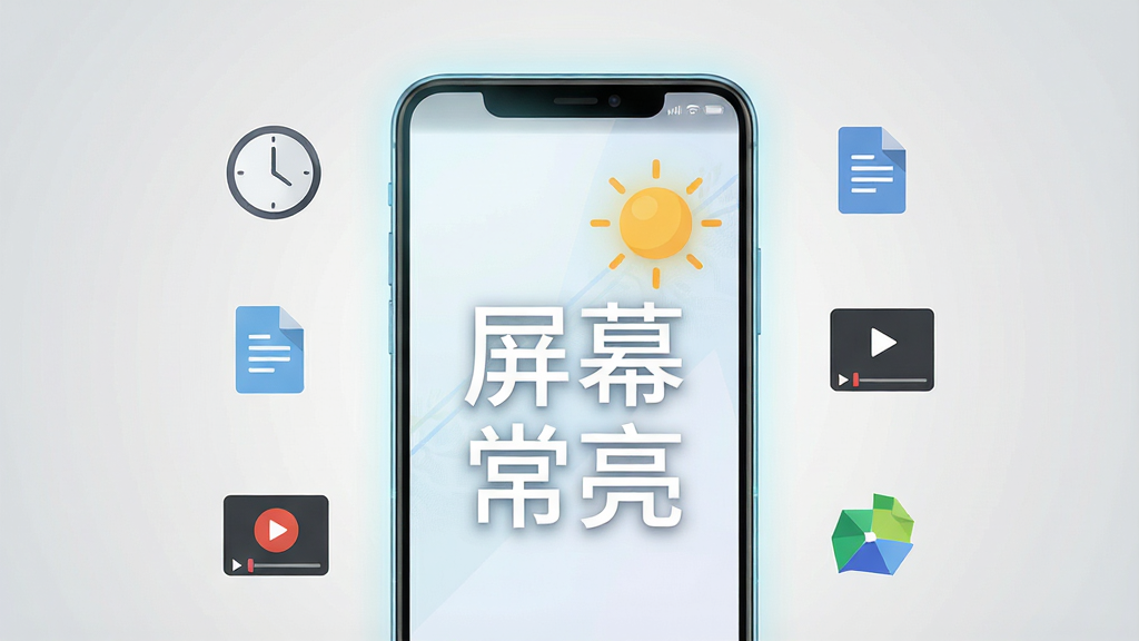 一张展示安卓手机屏幕常亮功能的场景图,画面中央是一部竖屏放置的智能手机,屏幕亮起显示着“屏幕常亮”四个大字和一个太阳图标,手机周围环绕着时钟、文档、视频播放器等小图标,布局简洁居中,风格为扁平化科技感,细节上手机边框有轻微光晕,背景为浅灰色渐变,画质清晰干净,无多余元素