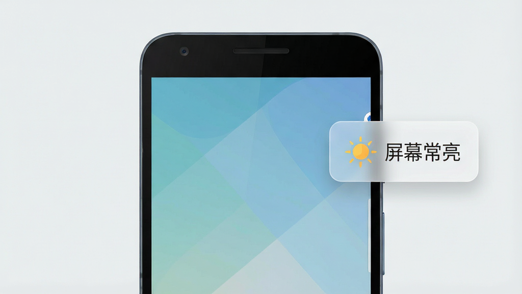 一张手机界面示意图,画面主体是一部安卓手机,屏幕右侧边缘显示一个小巧的悬浮窗按钮,按钮上有一个太阳图标和“屏幕常亮”文字,布局为手机居中、悬浮窗靠右,风格为扁平化设计风格,细节上悬浮窗有半透明磨砂质感,背景为浅灰色,画质清晰干净,无多余元素