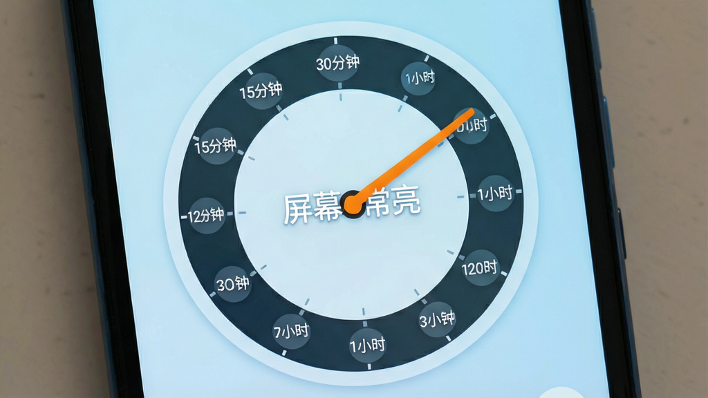 一张手机界面示意图,画面主体是一部安卓手机,屏幕显示一个圆形计时器表盘,表盘中央写着“屏幕常亮”字样,表盘周围环绕着15分钟、30分钟、1小时等时间选项标签,布局为居中圆形排版,风格为清新浅色UI风格,细节上计时器指针为橙色,背景为淡蓝色渐变,画质清晰干净,无多余元素