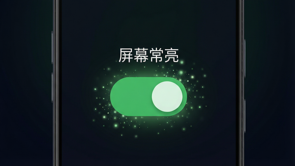 一张手机界面示意图,画面主体是一部安卓手机,屏幕中央显示一个醒目的绿色开关按钮,按钮上方写着“屏幕常亮”标题,开关处于开启状态并发出柔和绿光,布局为居中对称,风格为现代简约UI风格,细节上按钮周围有细微的粒子光效,背景为深色渐变,画质高清干净,无多余元素