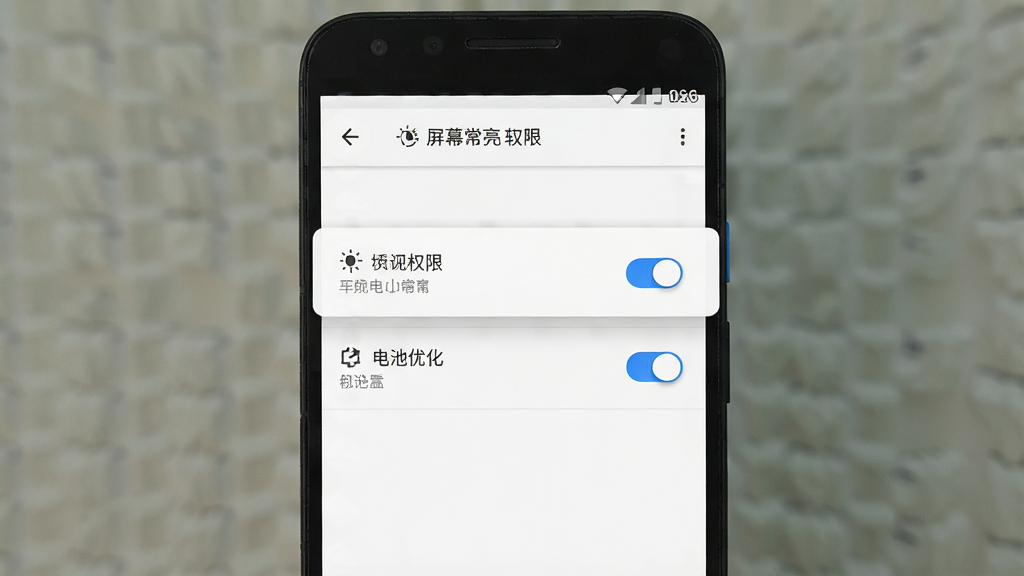 一张手机界面示意图,画面主体是一部安卓手机,屏幕显示“屏幕常亮”软件的权限设置页面,页面上有悬浮窗权限和电池优化两个开关选项,布局为居中纵向排列,风格为简洁设置页风格,细节上开关为蓝色高亮状态,背景为白色,画质清晰干净,无多余元素