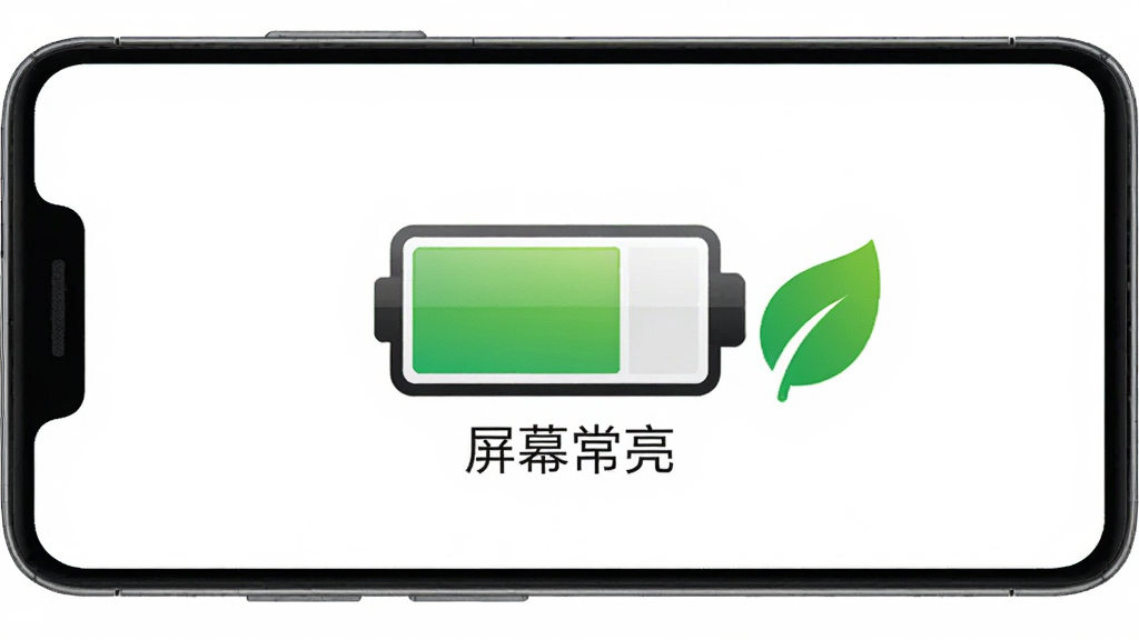 一张手机界面示意图,画面主体是一部安卓手机,屏幕显示电池图标和“屏幕常亮”文字,电池图标旁边有一个绿色的节能叶子标志,布局为居中横向排版,风格为清新科技风格,细节上电池图标为绿色渐变填充,背景为白色,画质清晰干净,无多余元素