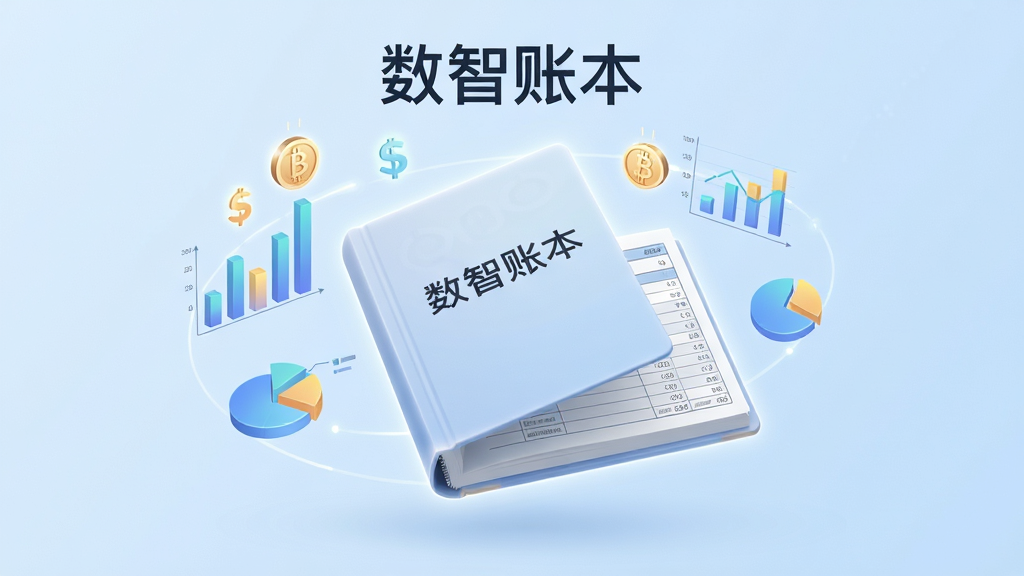 画面主体为一本悬浮在浅蓝色科技背景中的智能账本,账本封面印有“数智账本”四个字,周围环绕着发光的数字货币符号与柱状图、饼图等财务图表元素,布局采用居中构图,账本微微展开露出内页清晰的表格线条,排版上软件名称位于画面上方居中位置,风格为现代简约科技风,细节上账本边缘带有柔和光晕,背景干净无杂乱元素,画质高清,干净,无多余元素