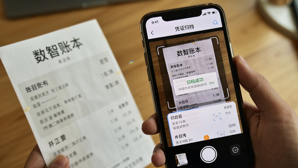 画面主体为一部智能手机正在拍摄一张纸质发票,手机屏幕中显示“数智账本”的凭证归档界面,发票图像正被自动识别并归入对应的账目条目下方,布局为手机位于画面中央偏右、发票位于左侧,排版突出拍摄归档的动作流程,风格为生活实用风,细节上屏幕界面清晰展示归档成功提示,画质高清,干净,无多余元素