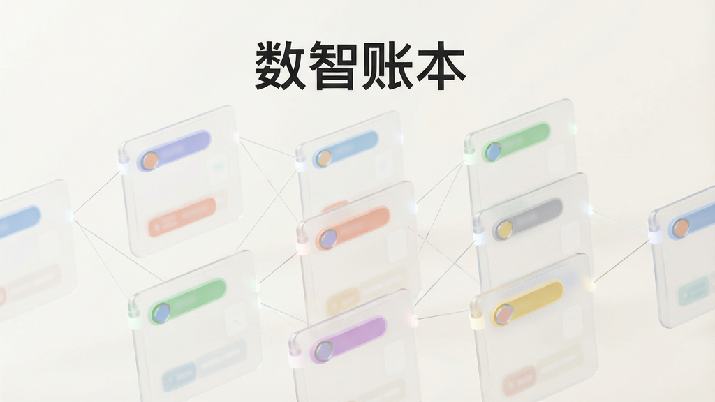 画面主体为多个悬浮的半透明账本卡片整齐排列在浅色背景中,每张卡片代表一个独立账套并标注不同颜色标签,卡片之间有细线连接形成分类网络,布局为矩阵式排列,排版上“数智账本”字样出现在画面顶部,风格为清新简约风,细节上卡片边缘圆润、标签色彩柔和,画质高清,干净,无多余元素