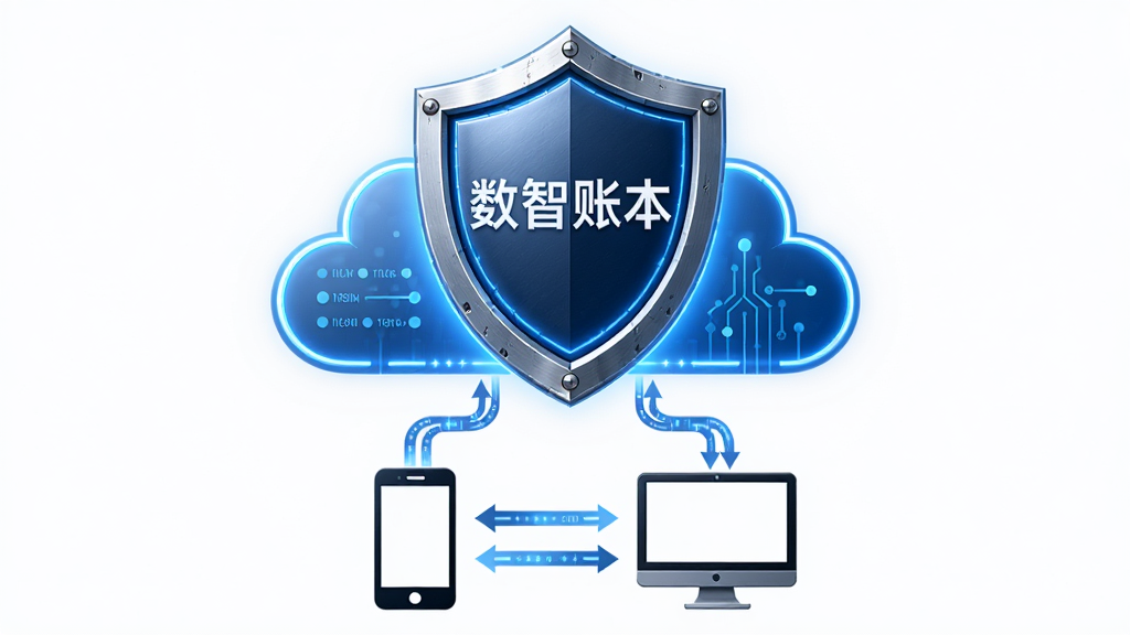 画面主体为一个发光的盾牌图标悬浮在数据云朵上方,盾牌中央印有“数智账本”字样,盾牌下方连接着手机与电脑两个设备图标,数据流在设备与云朵之间双向流动,布局为上下结构、盾牌居中,排版简洁对称,风格为安全科技风,细节上盾牌带有金属质感与蓝色光边,画质高清,干净,无多余元素