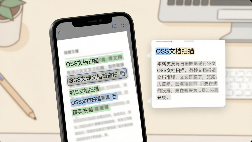 画面展示一部手机屏幕中一份扫描后的文档图片上覆盖着半透明的文字识别高亮层,部分文字被框选并显示复制图标,手机右侧漂浮着可编辑的文本段落示意,背景为浅米色办公桌面,风格为简约商务插画,细节突出图片转文字的过程与文本提取的视觉表达,画质清晰干净,布局为手机居中偏左、文本示意居右,画面中可出现文字“OSS文档扫描”,无多余元素