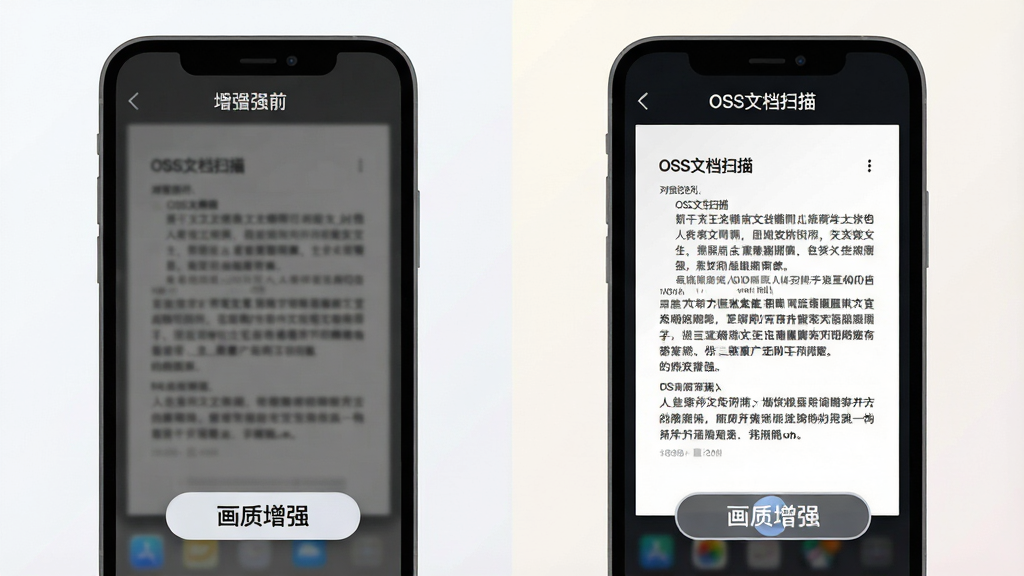 画面中一部手机屏幕显示同一份文档在增强前后的对比效果,左侧为灰暗模糊的原图,右侧为对比度提升后文字清晰的增强图,屏幕下方有“画质增强”字样的切换按钮,背景为简洁的浅色渐变,风格为现代扁平化设计插画,细节突出明暗对比与文字锐化效果,画质干净清晰,布局为左右对比构图,画面中可出现文字“OSS文档扫描”,无多余装饰元素