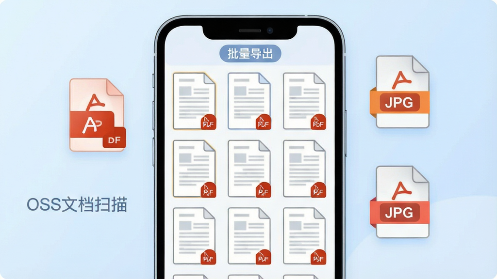 画面中央一部手机屏幕显示多页文档缩略图排列成网格状,每页缩略图右下角带有PDF图标标识,屏幕顶部有“批量导出”字样的标签,手机旁边漂浮着PDF和JPG两种格式的图标,背景为柔和的浅蓝色渐变,风格为清爽的矢量插画,细节上突出多页合并与格式选择的视觉元素,画质干净无杂乱,布局为手机居中、格式图标环绕,画面中可出现文字“OSS文档扫描”,无多余装饰