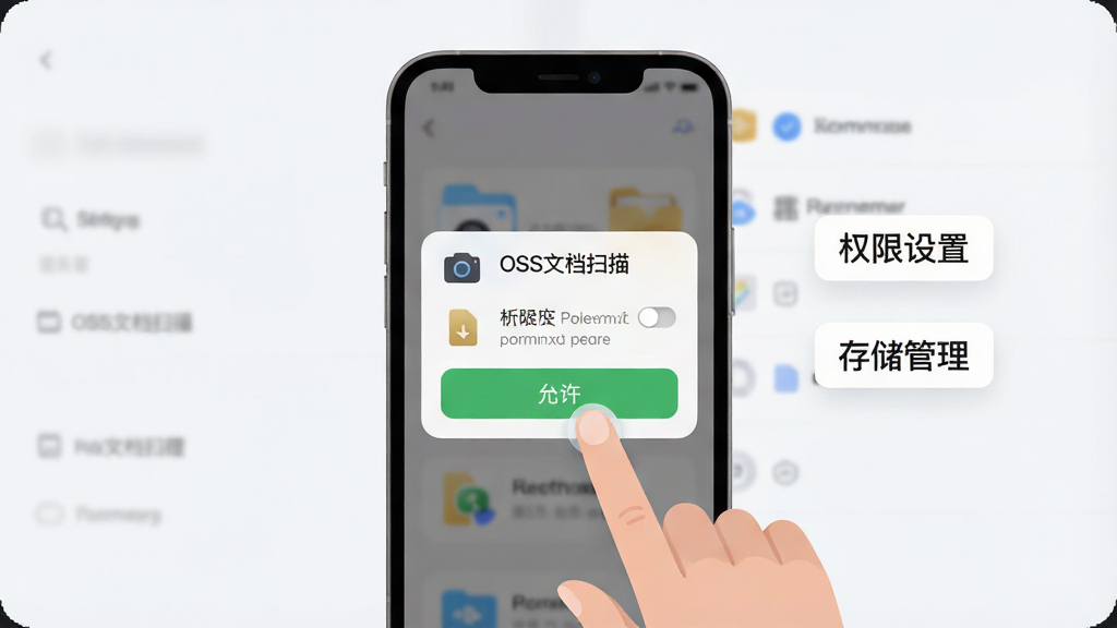 画面展示一部手机屏幕弹出权限请求对话框,旁边有相机图标和存储图标,一位用户手指正点击“允许”按钮,背景为简洁的浅色系统设置界面风格,画面右侧漂浮着“权限设置”和“存储管理”两个小标签,风格为现代扁平化插画,细节突出权限开关与文件管理元素,画质干净清晰,布局为手机居中、标签环绕,画面中可出现文字“OSS文档扫描”,无多余装饰