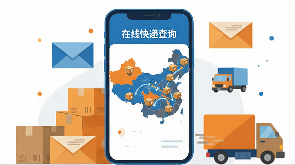 画面中央放置一部智能手机,屏幕上显示着「在线快递查询」的软件界面,界面中有一张中国地图,地图上分布着多个包裹图标和运输路线,手机周围环绕着快递纸箱、信封和小货车等元素,整体采用扁平化插画风格,色调以蓝色和橙色为主,布局简洁明了,细节丰富,画质清晰,背景干净,无多余元素