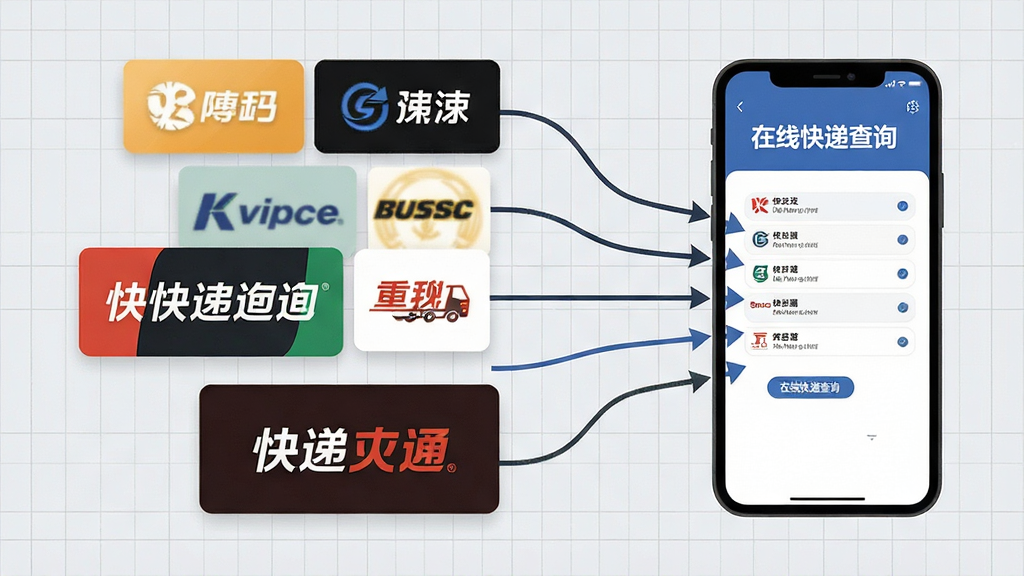 一张信息图风格插画,画面左侧是一排不同颜色的快递公司标志卡片,右侧是一部手机屏幕显示「在线快递查询」的聚合查询界面,各公司标志通过箭头汇聚到手机屏幕中,背景为浅灰色网格,风格简洁商务,细节清晰,画质干净,无多余装饰