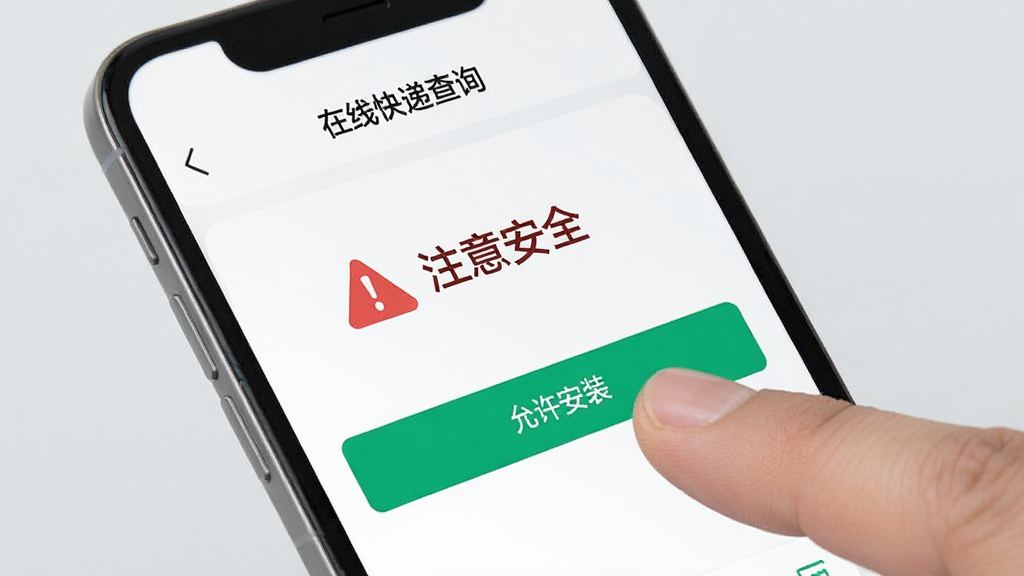 一部手机屏幕显示「在线快递查询」应用界面,屏幕上方有一个红色警告图标和文字「注意安全」,旁边有一只手指正在点击「允许安装」按钮,背景为浅灰色,风格写实简洁,布局清晰,画质干净,无多余元素