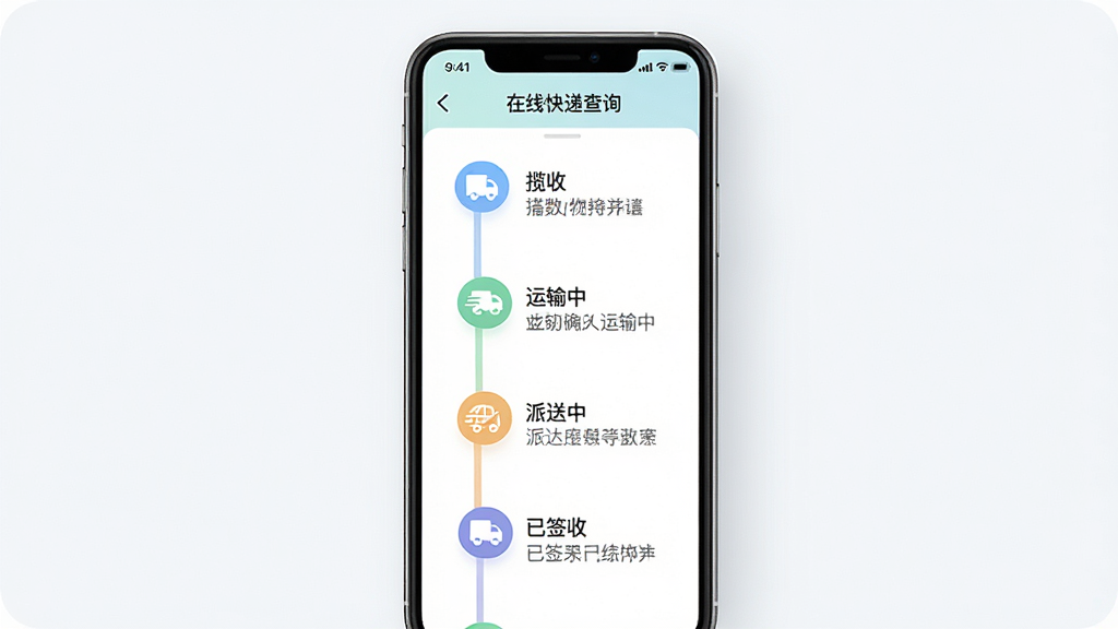 画面展示「在线快递查询」软件中的物流轨迹时间轴界面,手机屏幕竖直放置,时间轴上依次排列着揽收、运输中、派送中、已签收等节点图标,每个节点旁配有简短文字说明,整体风格清新简洁,色调柔和,布局清晰,画质细腻,背景干净,无杂乱元素