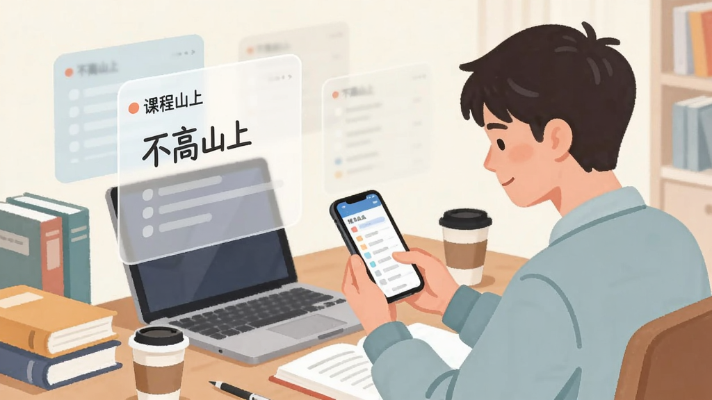主体为一名大学生坐在书桌前使用手机查看课程列表,布局为人物位于画面右侧、左侧悬浮半透明的课程信息卡片,风格为清新插画风,细节包括桌面上的书本、笔记本电脑与咖啡杯,画质柔和干净无多余元素,卡片上写有“不高山上”