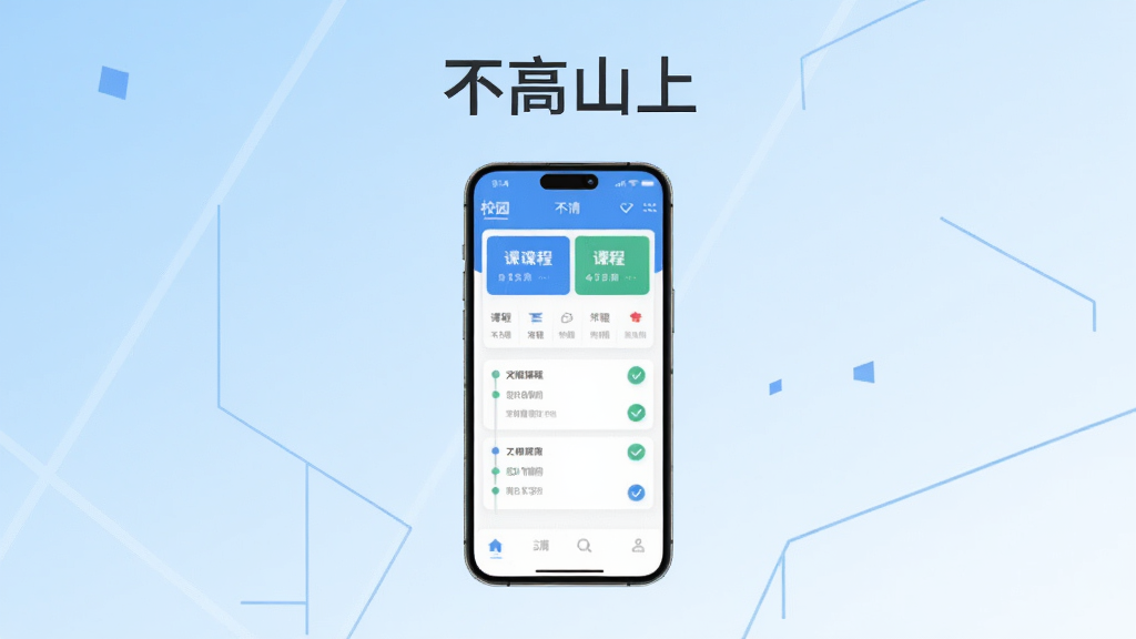 主体为一部竖屏智能手机,屏幕中展示清爽的校园选课应用界面,布局上手机居中放置于画面中央,背景为浅蓝色渐变加简约几何线条,风格为扁平化现代科技风,细节包括界面中的课程卡片、时间轴与勾选图标,画质清晰干净无多余元素,图片上方用简洁字体写有“不高山上”字样