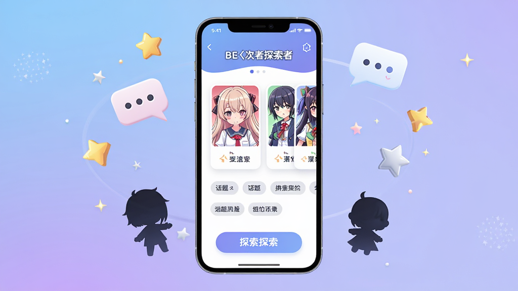一张展示二次元风格手机应用界面的图片,画面中央是一部智能手机,屏幕上显示着BE二次元探索者的主界面,界面中包含动漫角色卡片、话题标签和探索按钮,手机周围环绕着漂浮的动漫元素如星星、对话框和Q版人物剪影,背景为柔和的蓝紫色渐变,整体风格清新活泼,画面干净整洁,画质高清,无多余元素