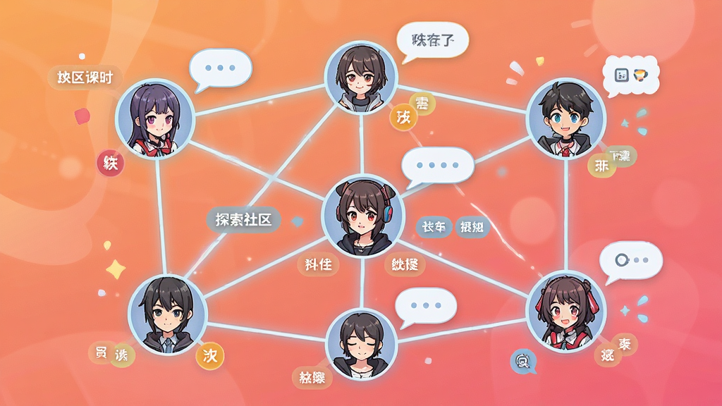 一张展示BE二次元探索者社区互动功能的图片,画面描绘多个二次元用户头像通过发光线条连接形成社交网络,每个头像旁带有对话气泡和兴趣标签,背景为温暖的橙粉色渐变,风格活泼友好,构图均衡,画质高清,干净无多余装饰