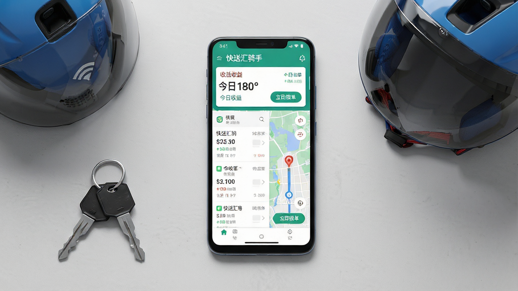 一张展示快送汇骑手手机应用界面的场景图,主体是一部竖屏安卓手机放置在浅灰色桌面上,屏幕内显示订单列表与地图导航双区域布局,顶部有收益概览卡片,手机旁边摆放电动车钥匙与头盔,布局为居中构图、手机占据画面视觉中心,排版简洁留白充足,风格为写实科技感产品展示风,细节包含屏幕高光反射、桌面细微纹理、柔和阴影,画质清晰锐利、干净无多余元素,图中文字为“快送汇骑手”“今日收益”“立即接单”