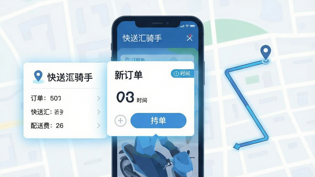 一张表现快送汇骑手智能派单功能的插画,主体是手机屏幕中弹出订单卡片与地图路线,画面左侧为订单信息卡、右侧为配送路线示意,布局为左右分栏排版,风格为扁平化科技插画风,细节包含定位图标、时间标签、配送费数字、淡蓝色光晕,画质清晰、干净、无多余元素,图中文字为“快送汇骑手”“新订单”“抢单”