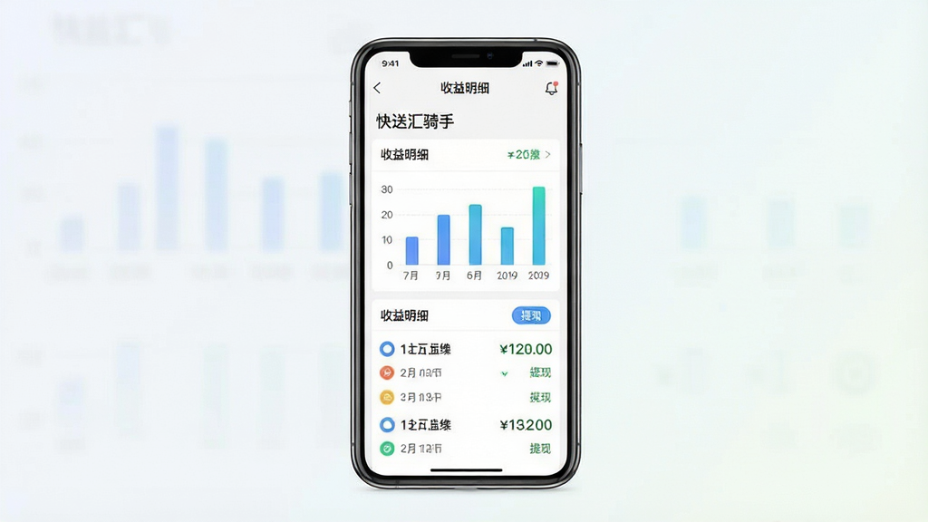 一张展示快送汇骑手收益统计页面的产品图,主体为手机屏幕中的柱状收益图表与明细列表,画面中央为手机正面视角,背景为浅色渐变,布局为居中对称排版,风格为清爽数据可视化风格,细节包含柱状图、金额数字、日期标签、圆形图标,画质干净清晰、无多余元素,图中文字为“快送汇骑手”“收益明细”“提现”