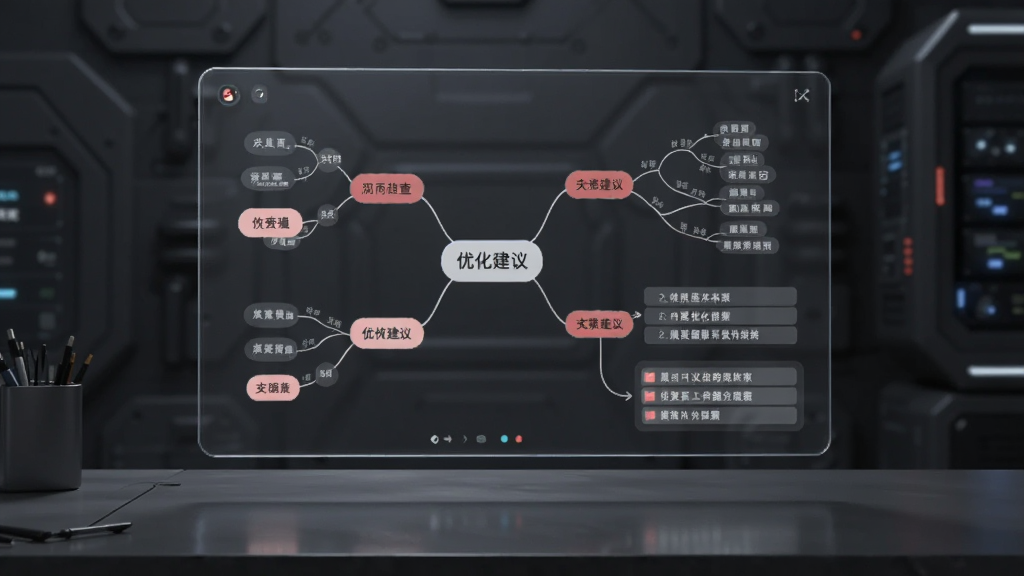 一棵树逻辑表达逻辑自查功能展示,画面为一块透明屏幕悬浮在桌面上,屏幕上显示带有红色高亮标记的思维导图节点和优化建议文字框,背景为深灰色科技感风格,画质清晰干净