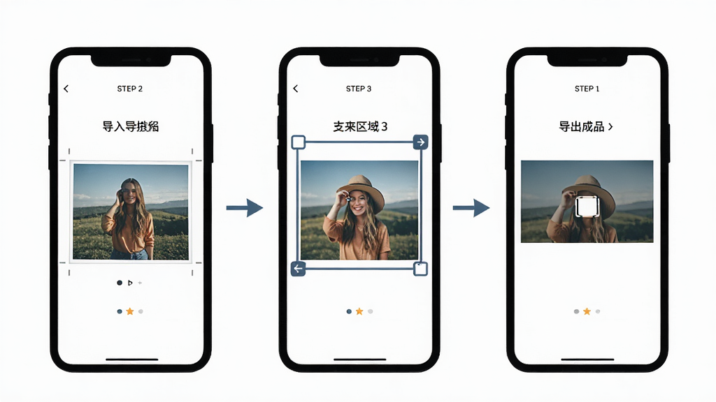MotionFlow动态照片操作流程示意图,手机屏幕展示从导入照片到框选区域再到导出成品的三个步骤,界面简洁明了,步骤标注清晰,风格扁平化,画质干净无杂乱元素