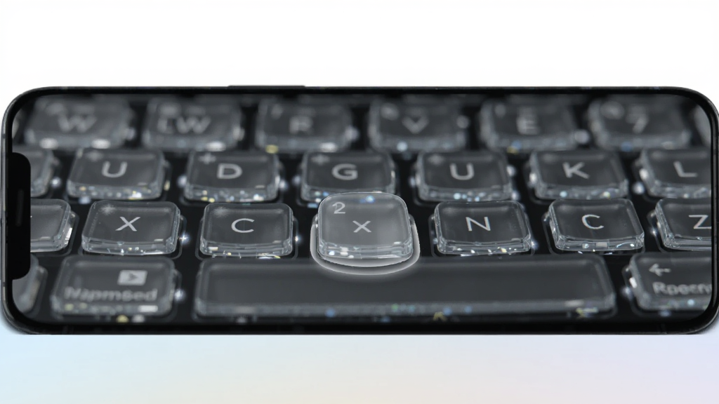 一张液态玻璃键盘(Liquid Glass Keyboard)玻璃质感按键的特写图,主体是手机屏幕局部放大的键盘区域,布局为上方留白、中部特写按键、下方浅色渐变,排版聚焦键帽细节,风格为写实UI特写,细节包括半透明键帽、边缘高光描边、按下时的光影变化、背景虚化,画质高清、干净、无多余元素