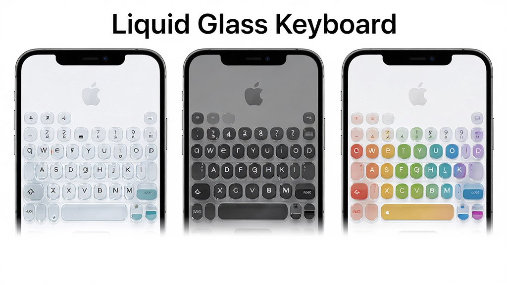 一张液态玻璃键盘(Liquid Glass Keyboard)多配色方案展示图,主体是并排排列的三部手机,分别展示浅色、深色、彩色三套键盘配色,布局为上方标题、中部三机并排、下方留白,排版整齐对称,风格为产品对比展示,细节包括不同透明度的玻璃键帽、配色差异、统一圆角设计,画质高清、干净、无多余元素